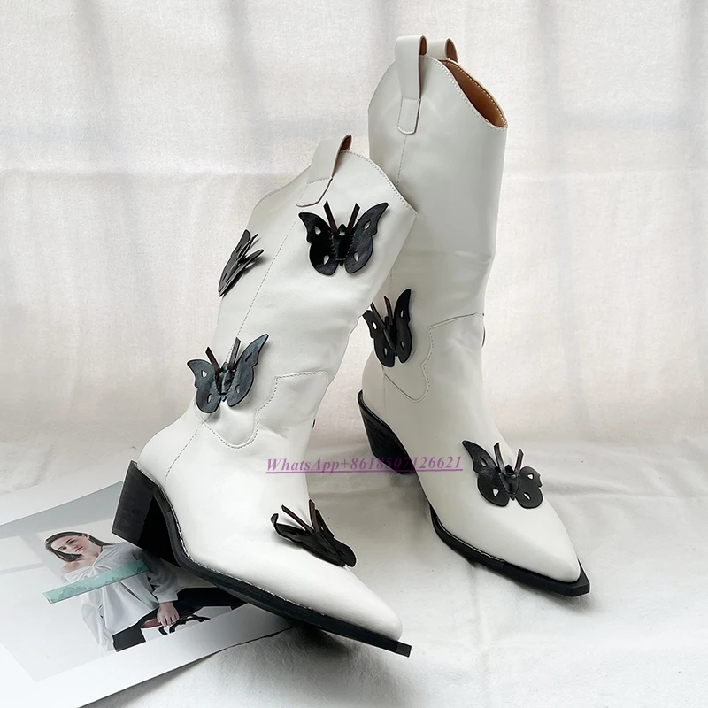 Autumn Fashion Women's Shoes 3D Butterfly Thick Heel Mid-Boots Pointed Toe Sleeve Ankle Boots