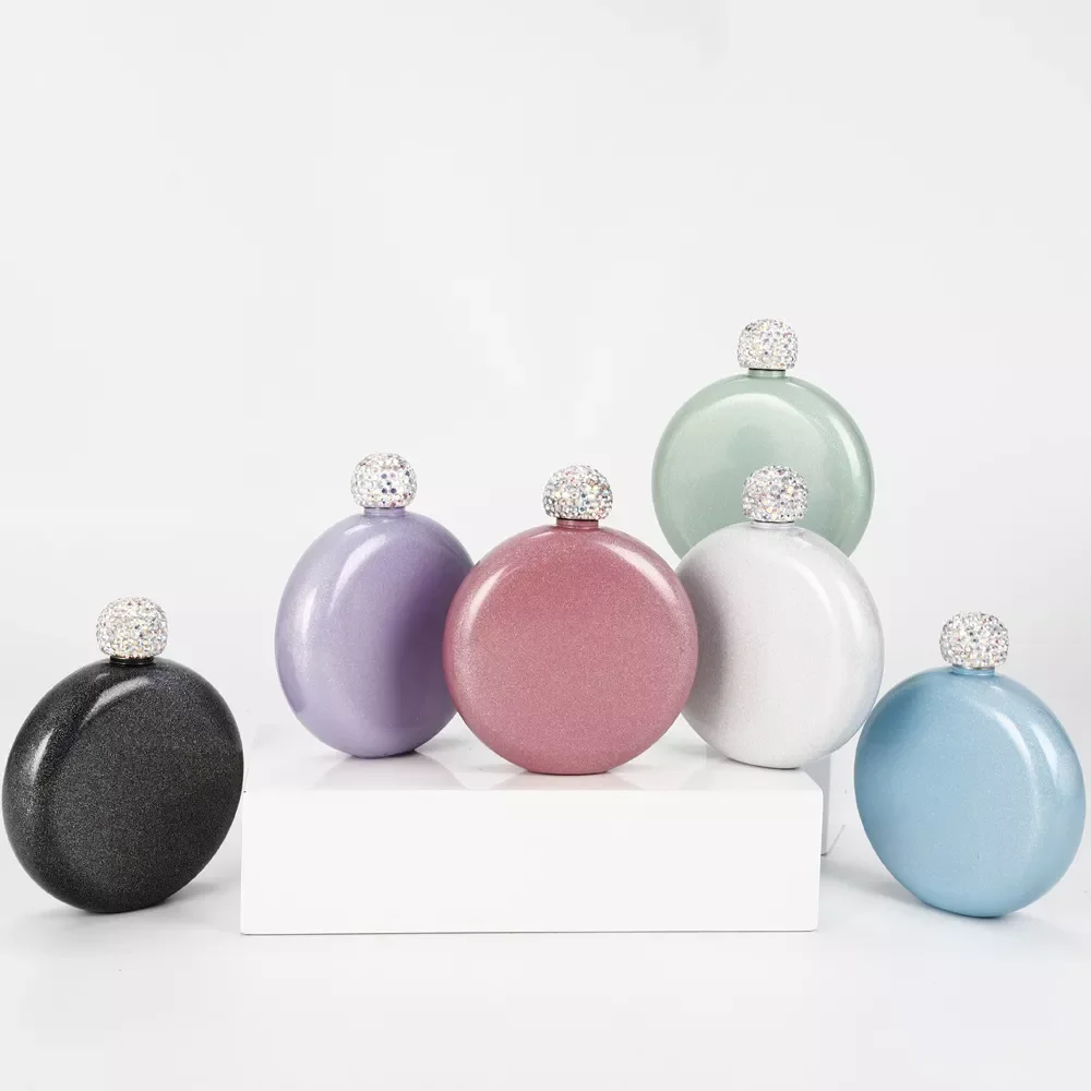 

Portable round Small 304 Stainless Steel Flagon Glitter Paint Mini Lady Wine Bottle Metal 101-200ml
