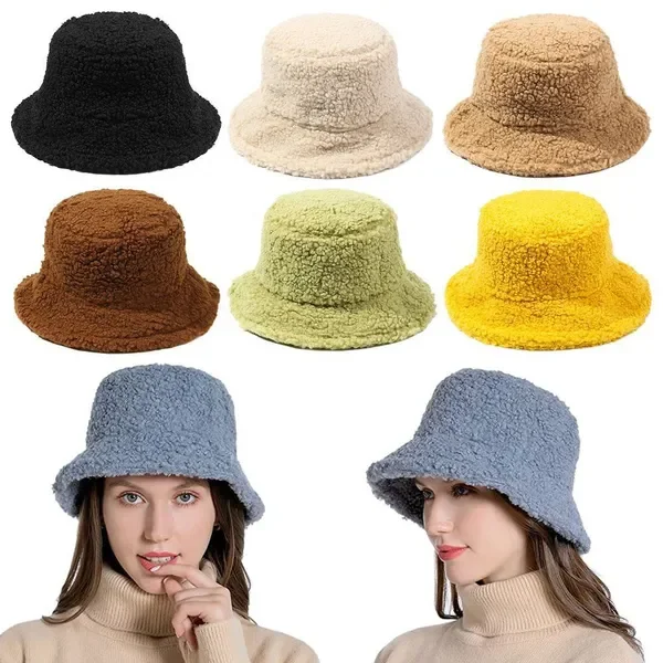 

Lamb Wool Faux Fur Bucket Hat Winter Warm Teddy Velvet Hats for Women Lady Thicken Bob Panama Outdoor Fisherman Hat Caps