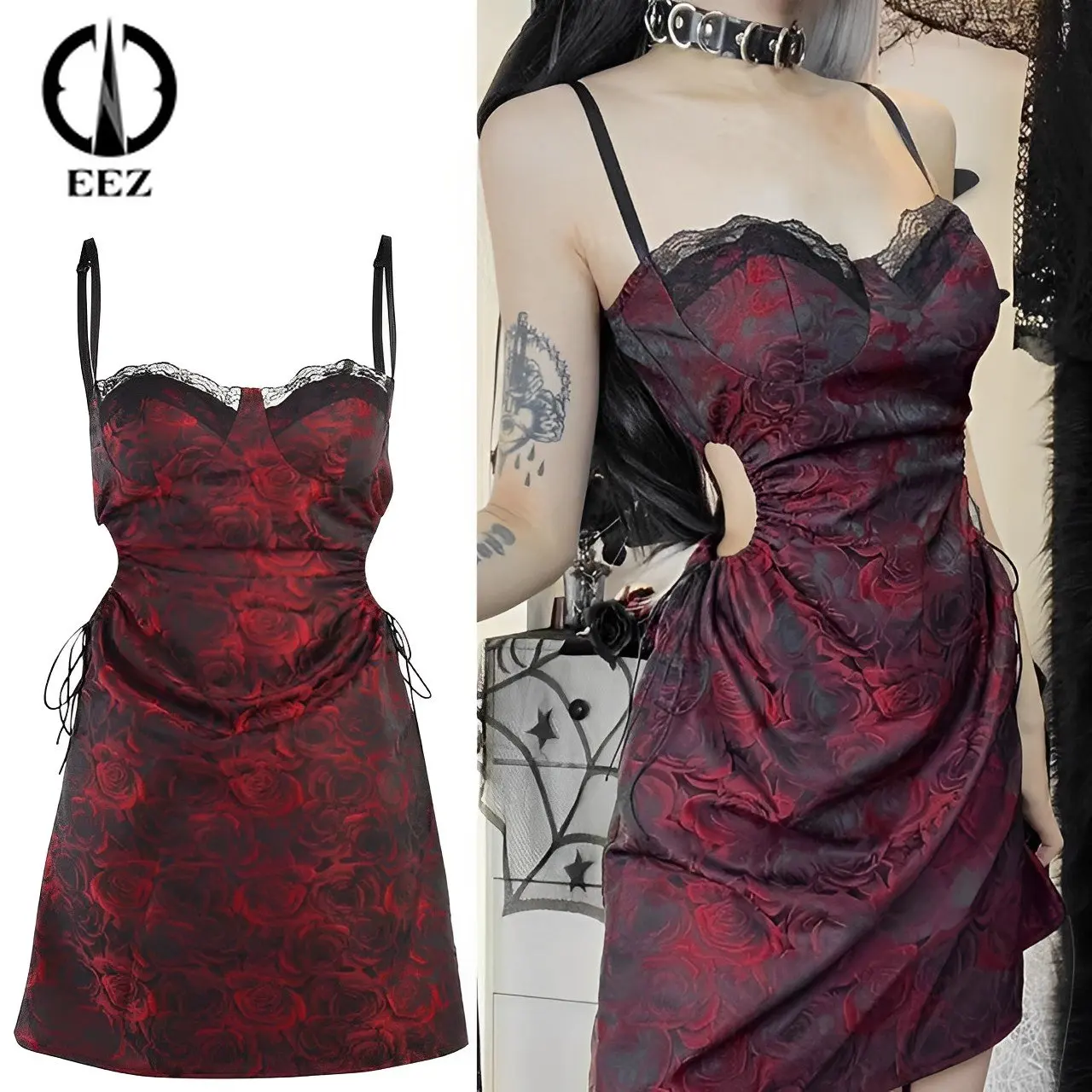 

Vintage Red Side Cut Out Corset Floral Dresses Sexy Women Streetwear Bandage Lace Sleeveless Mini Dress Party Halloween Dress
