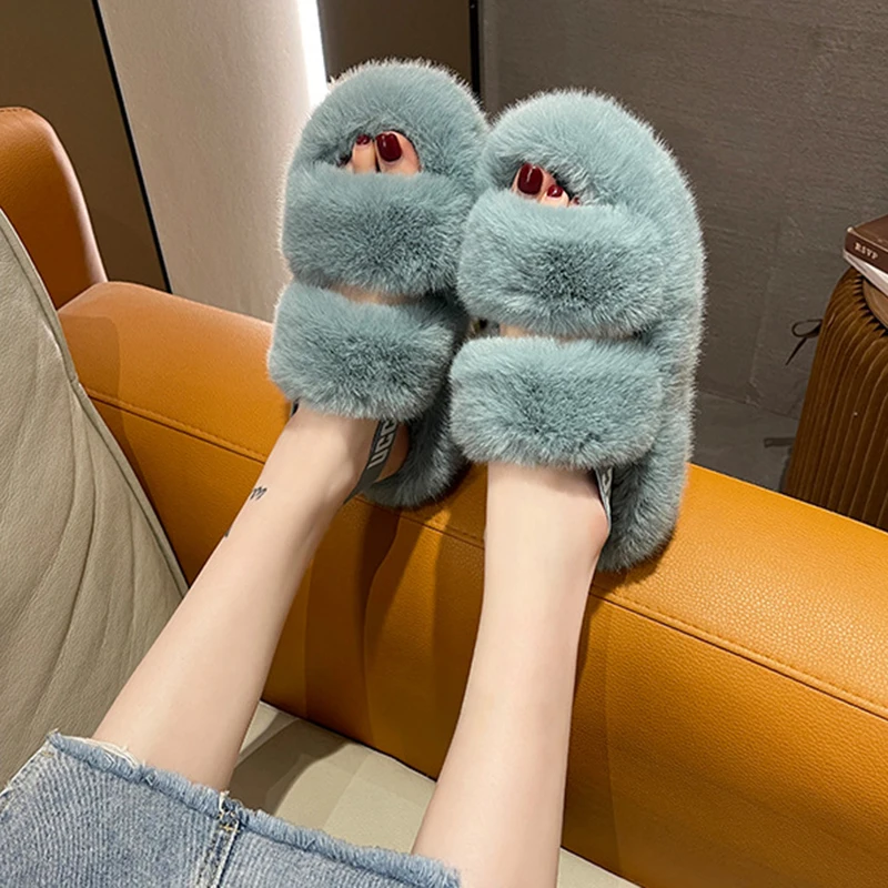 Women Fuzzy Sliipers for Winter Slip on Warm Fashion Cute Home Indoor Sandals Elegant Fluffy Open Toe Flip Flops Floor Shoes
