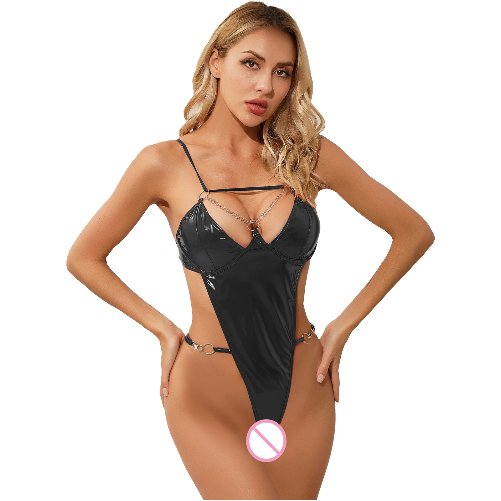 

Women PU Leather Bodysuit Hollow Out Strappy Jumpsuit Shiny Wet Look Patent Leather Catsuit High Cut Backless Lingerie Nightwear