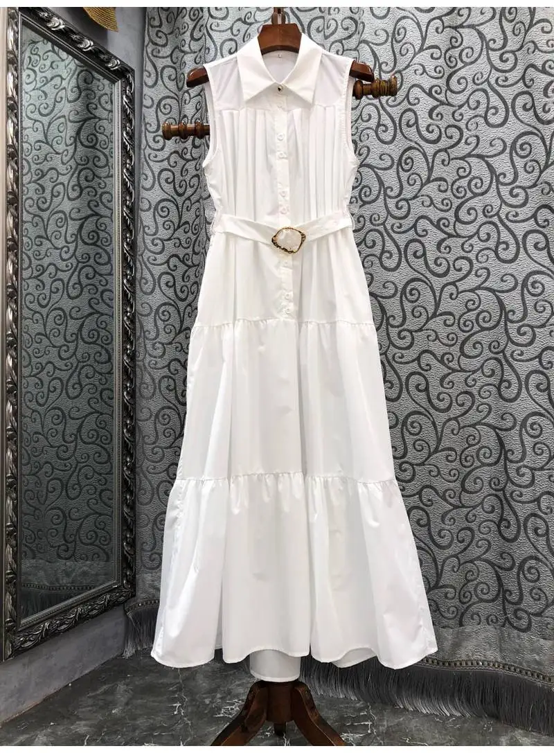 

Женское длинное платье без рукавов, повседневное белое или розовое платье макси с отложным воротником и поясом, весна-лето 2022