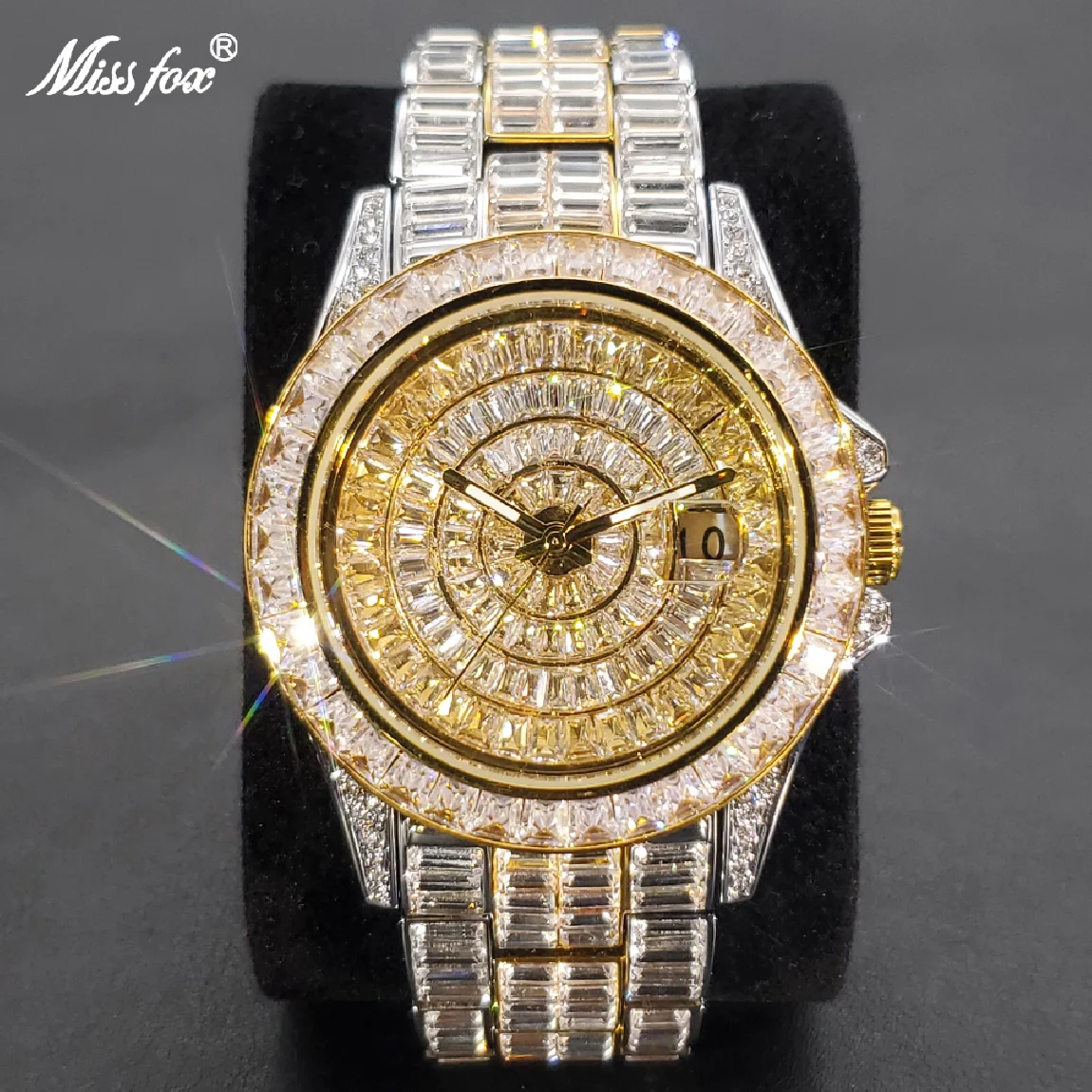 

MISSFOX Ice Out Luxury Wristwatch For Men Fashion Brand Big Diamond Watch Hip Hop Bling Automatic Date Round Male Clock 2022 New