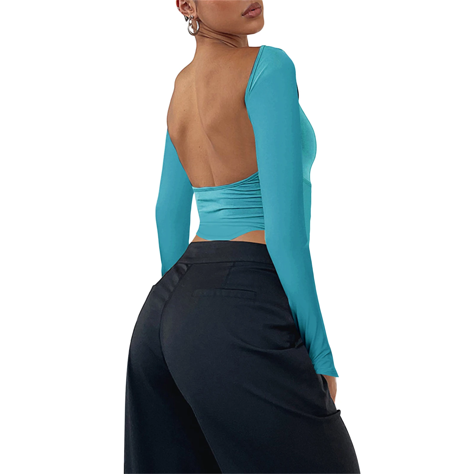 Женские укороченные топы с длинным рукавом Однотонная футболка круглым вырезом