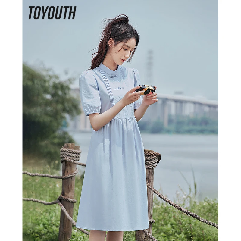 Toyouth Women Dress 2023 Summer Puff Sleeves Chinese Style Buckle Stand Collar A-shaped 100% Cotton Vintage Blue Middle Skirt