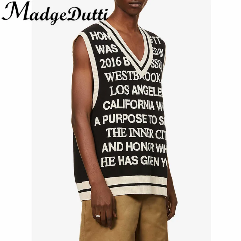 

11,9 MadgeDutti модный нейтральный лоскутный Цвет Письмо V-образный вырез без рукавов свободный шерстяной вязаный жилет для женщин