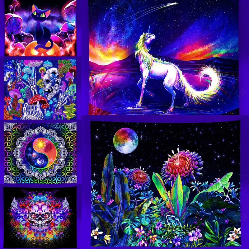 

Party Blue UV Light Effect Unicorn Print Fluorescent Tapestry Psychedelic Tai Chi Hippie Wolf Wall Hanging Cloth Room Decor