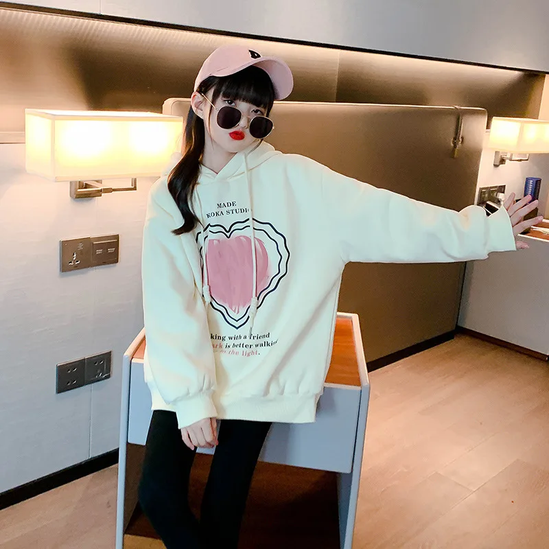 

Winter Girls Hooded Sweatshirt Tops Casual Letter Thicken Fleece Tops 14 Years Children Clothes School Kids Loose Pullover Coats