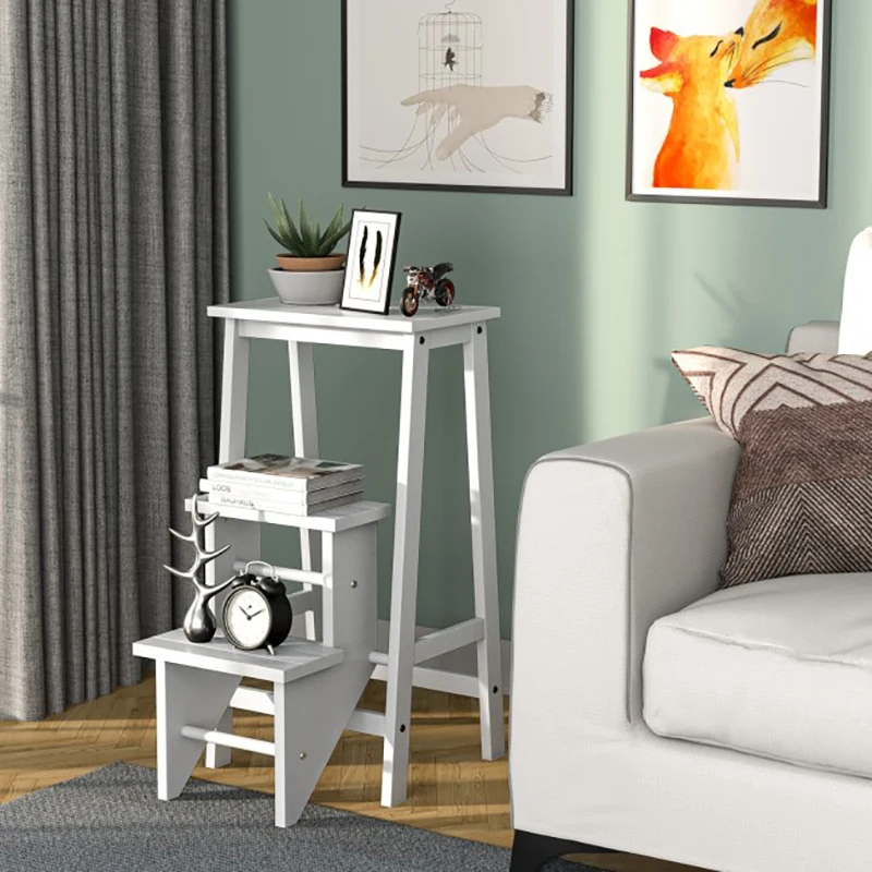 

3-in-1 Rubber Wood 3 Tier Folding Step Stool Ladder Storage Shelf Home Living Room Decoration