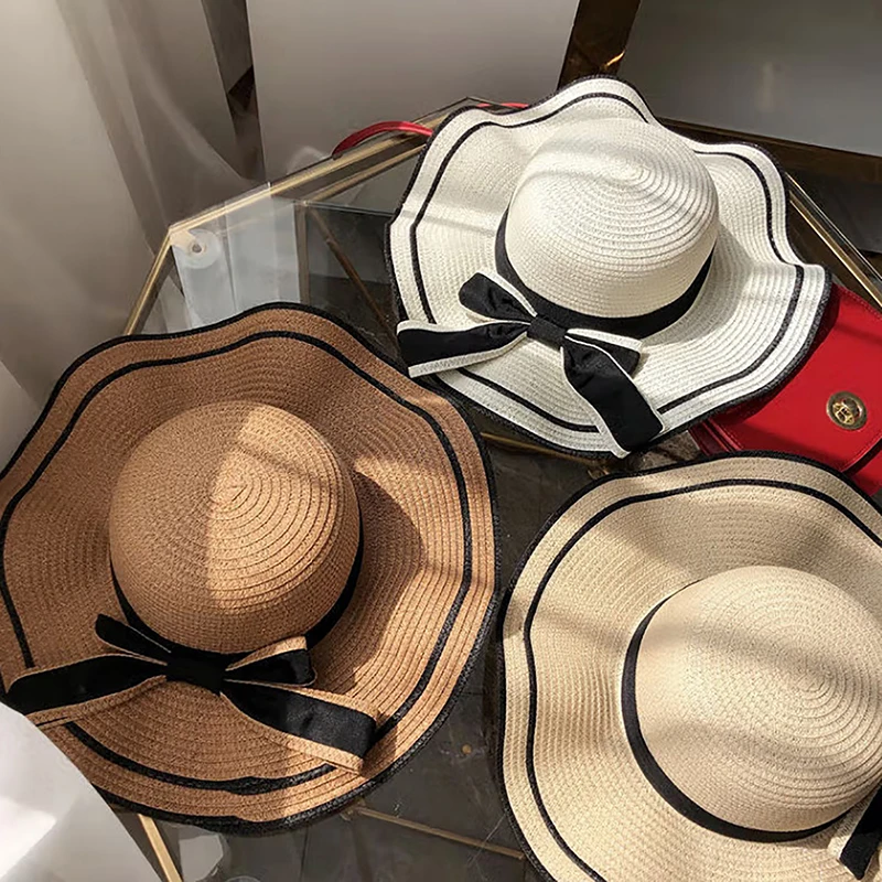 

Double Wave Bow Straw Hat Sun Visor Cap Casual Beach Outdoor Summer Hat Straw Hat Holy Week Holiday Essentials
