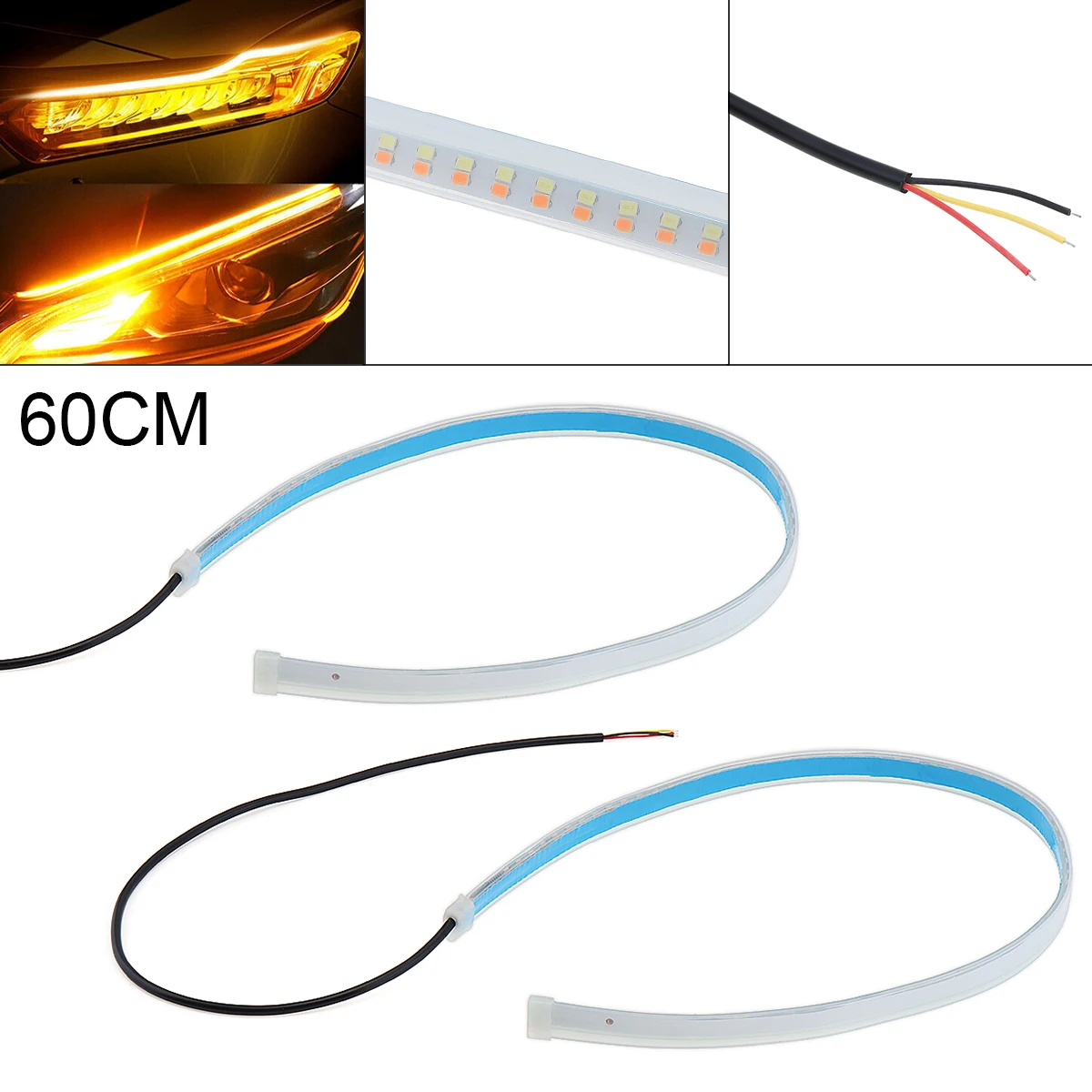 

2pcs 60cm 24 Inch Flexible LED Headlight Strip Tube Light Dual Daytime Running Light Waterproof DRL Neon Lights Turn Signal Bulb