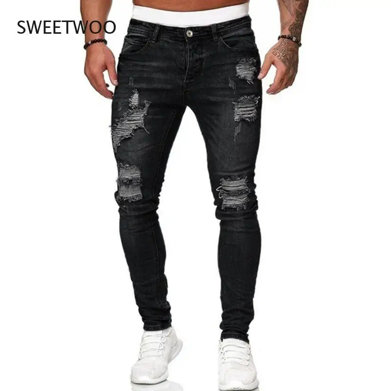2022 Jeans Ripped Skinny Hole Trousers Stretch Slim Denim Pants Large Size Hip Hop Black Blue Casual Jogging Jeans for Men