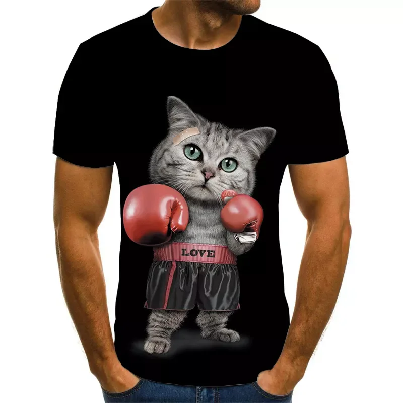 

2022NEW fun men's and women's short-sleeved cool chimpanzee/cat 3D printed T-shirt boxing gloves cat casual children&#39