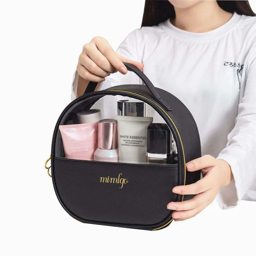 Simple Large Travel Washing Bag Zipper Fashion PU Leather Storage Bag Semi Round Cosmetic Bag Toiletry Organizer Purse