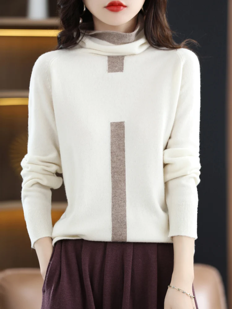 

100% Merino Wool Sweater Ladies Pile Collar Pullover Tops Spring / Autumn New Colorblock Top Korean Style Fashion Tight and Thin