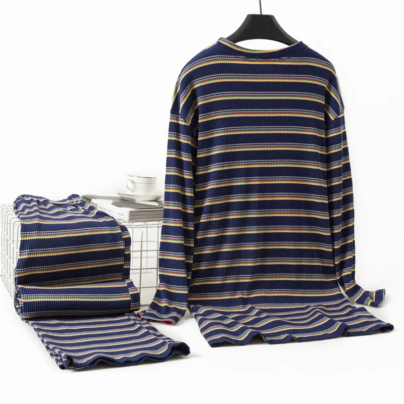 Simple Striped Fruit Pajamas Women's Spring Autumn Cotton Long Sleeve Pant Suit Korean Loose  Home Clothes Female Sleeping Set