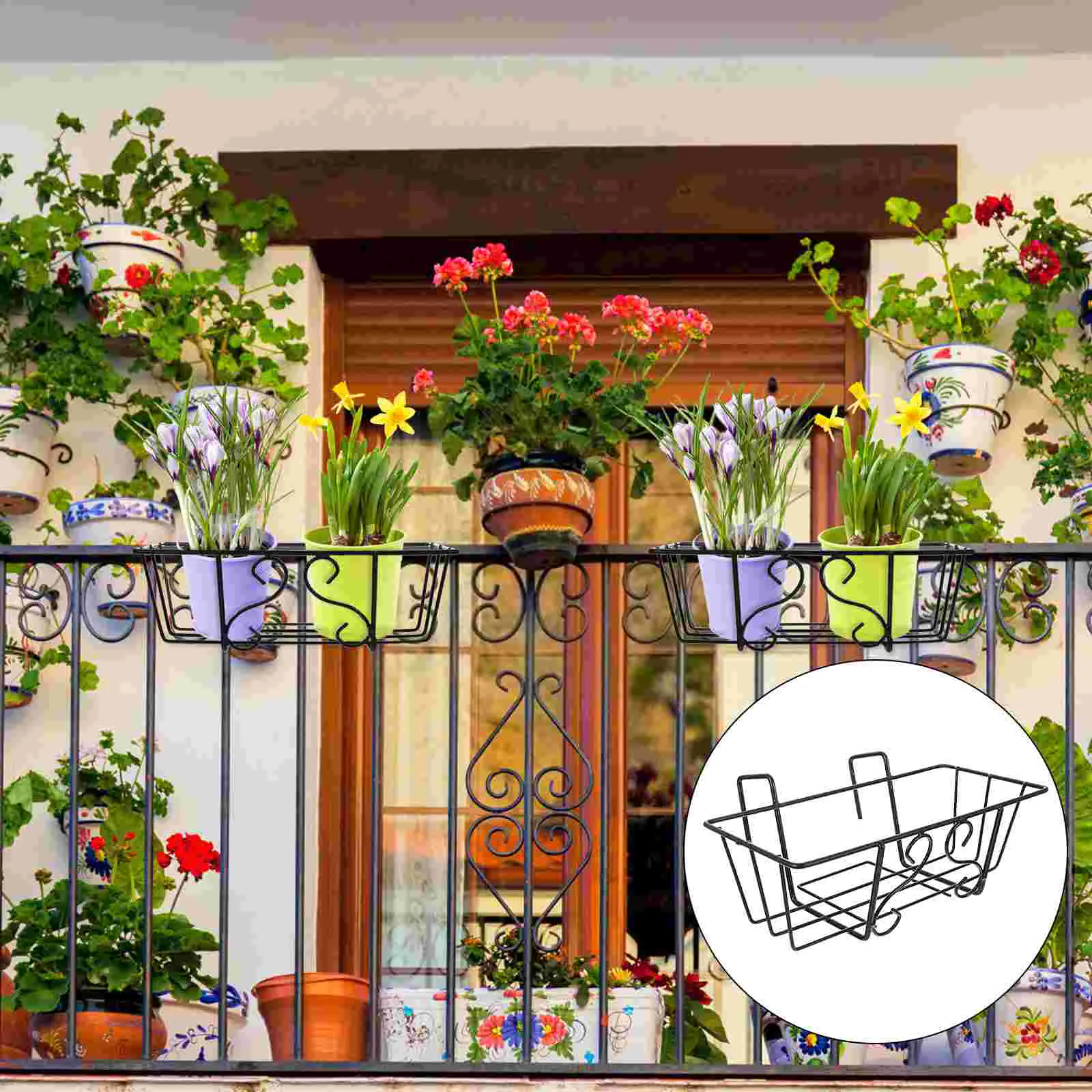 

Hanging Balcony Planter Flowerpot Railing Rack Stand Metal Planters Holder Rail Baskets Fence Iron Basket Wall Over Shelf The
