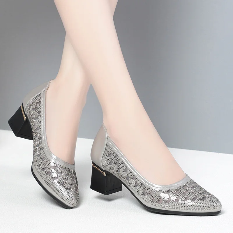 CINESSD 2023 Summer Fashion Pumps Cut-outs Women Crystal Casual Ladies Shoes High Heels Tenis Feminino Genuine Leather Sandals