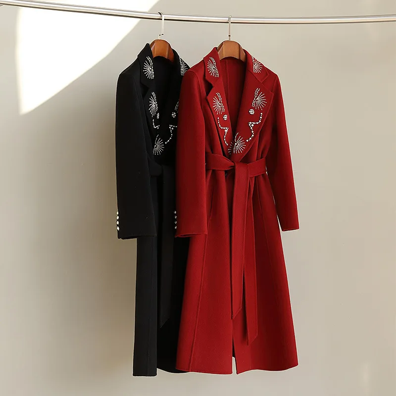 

Осеннее двустороннее кашемировое пальто, Женское пальто средней длины ручной работы из 100% шерсти