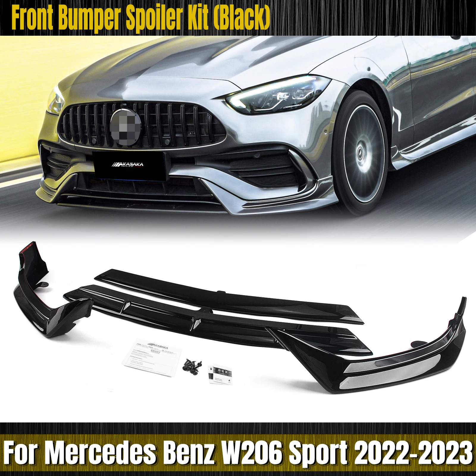 AKASAKA Gloss Black Front Bumper Spoiler Lip Blade+Lower Side Splitter Cover For Mercedes Benz C Class W206 Sport 2022-2023 C300