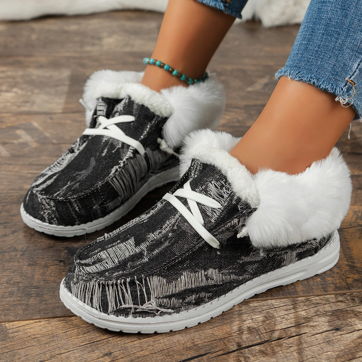 

Женские винтажные джинсовые ботинки на плоской подошве, теплые зимние ботинки с искусственным мехом, утепленные плюшевые ботинки с хлопковой подкладкой, большие размеры, 2023