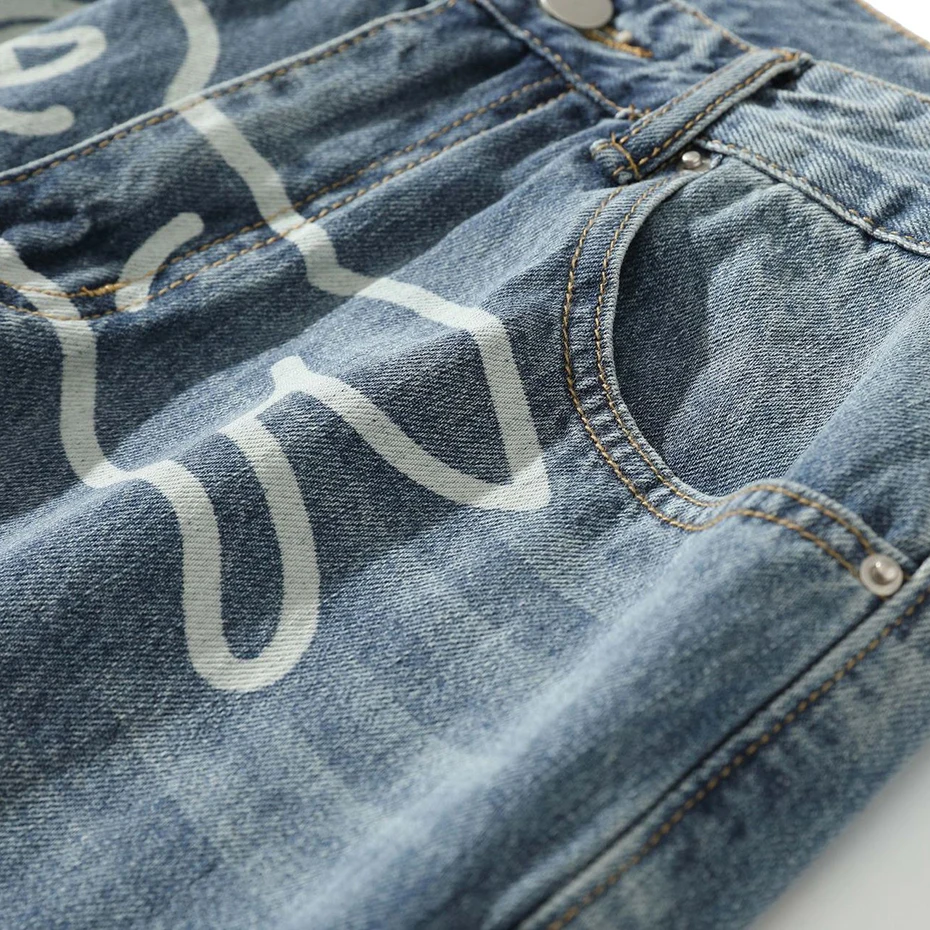 Dog Print Jeans Men Fashion Streetwear Harajuku Denim Pants Black Blue Casual Loose Straight Jeans for Man