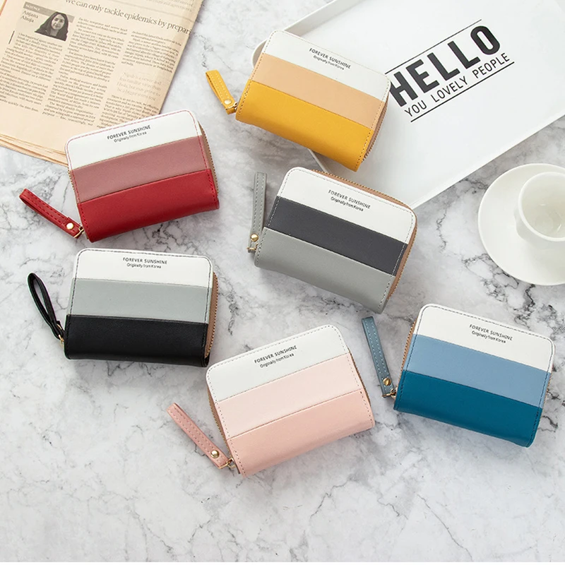 New Leather Wallet Women's Short Hipster Stitching Zipper Coin Purse Multi-card Large Capacity Colorful Ladies Clutch Money Bags
