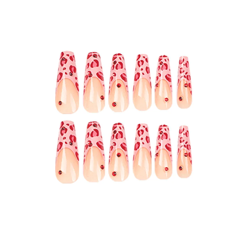 24Pcs Pink Leopard Print French Long Ballet False Nails With Glue Cute Rhinestone Design Heart Wearable Press On Nail Tips images - 6