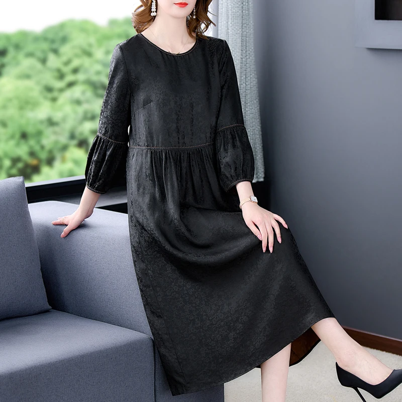 

Ladies Large Size Loose Black Silk Dress Spring/Summer 2022 New Retro Casual Long Dress Fashion Temperament Party Slim Vestidos