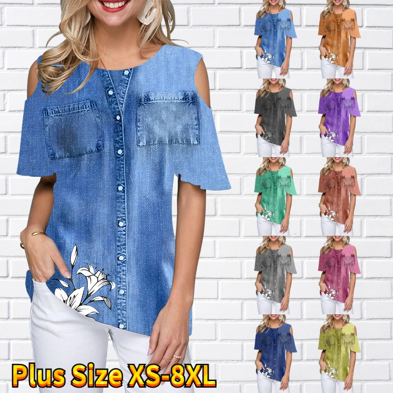 

Женская Повседневная футболка с открытыми плечами, Элегантная модная футболка с коротким рукавом и круглым вырезом, пуловер с принтом, лето 2023