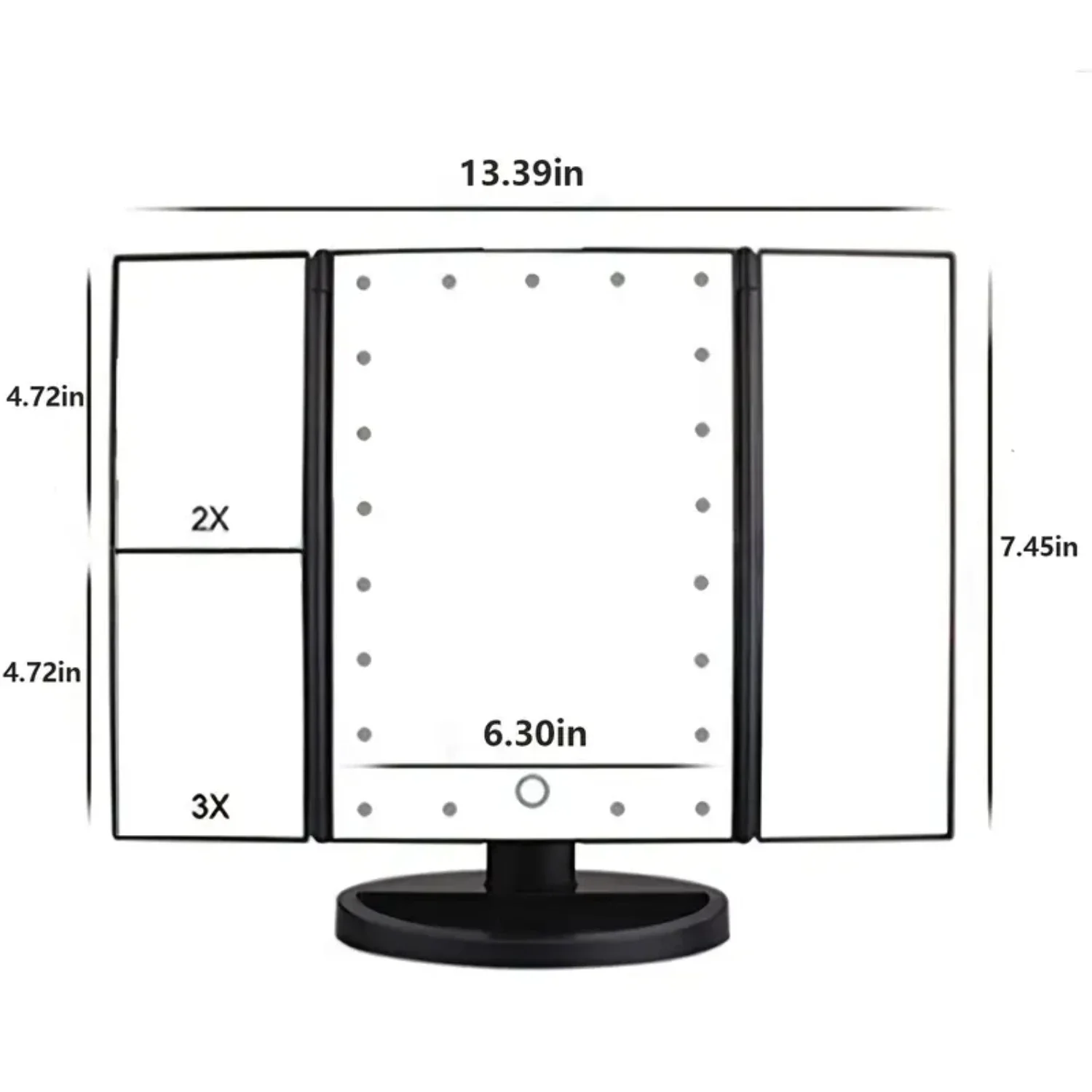 Портативное тройное косметическое зеркало с подсветкой и 3x/2x/1x увеличением