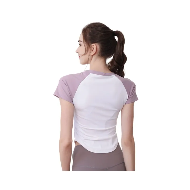 Yoga Fitness Suit Summer New Women's Top Tight And Wrinkled Slimming And Waist Tightening Exercise Round Neck Contrasting Color