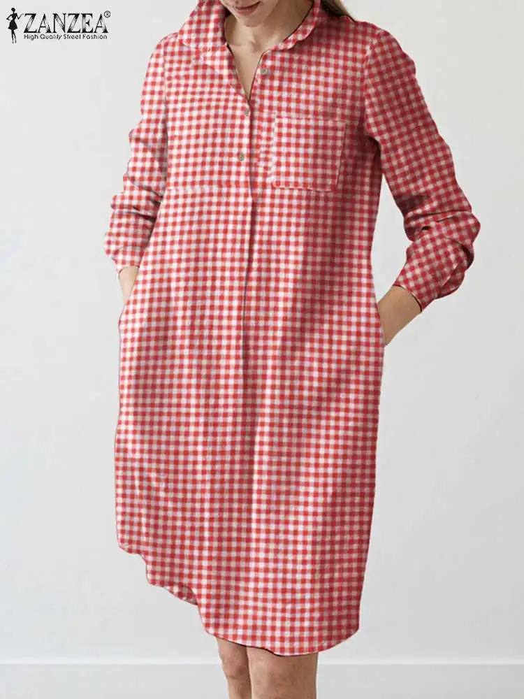 

ZANZEA Autumn Stylish Vintage Elegant Holiday Robe Plaid Checked Dress Bohemian Grid Print Long Sleeve Knee-length Vestido 2022