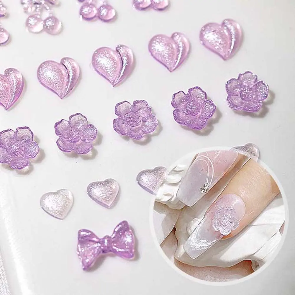 

20Pcs/set Ice Through Purple Bow Nail Art Rhinestones Flowers 3D Nail Decorations Manicure Accessories Love Heart Decorations