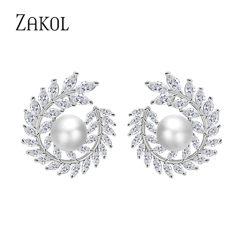 

ZAKOL роскошные свадебные серьги-гвоздики с искусственным жемчугом и фианитом для женщин, модные свадебные украшения в виде листьев EP2358