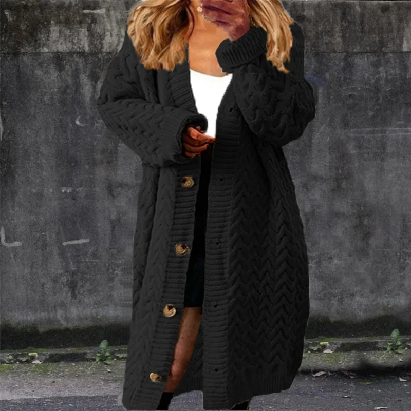 

Women's Autumn and Winter New Sweater Coat Loose Knit Button Cardigan Fried Dough Twists Medium Length