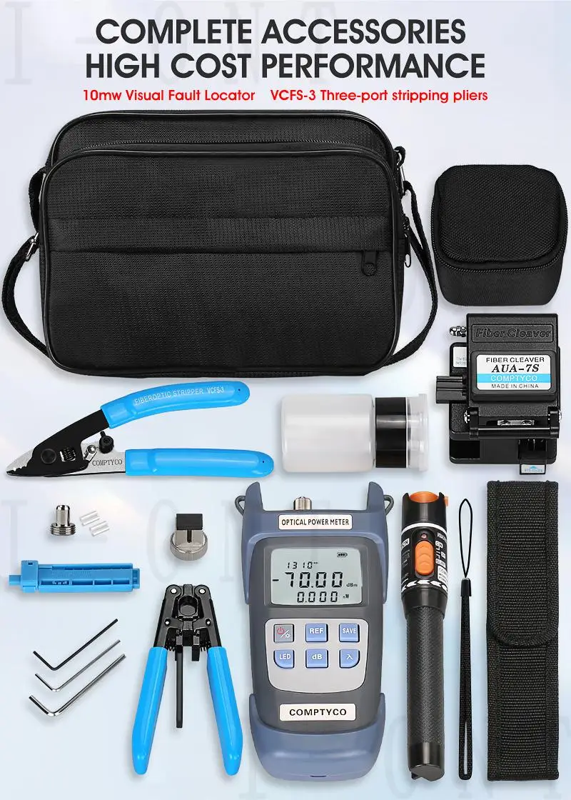 19 pcs/set FTTH fiber tool kit with fiber cleaver optic power meter kit fibre optics Free Shipping