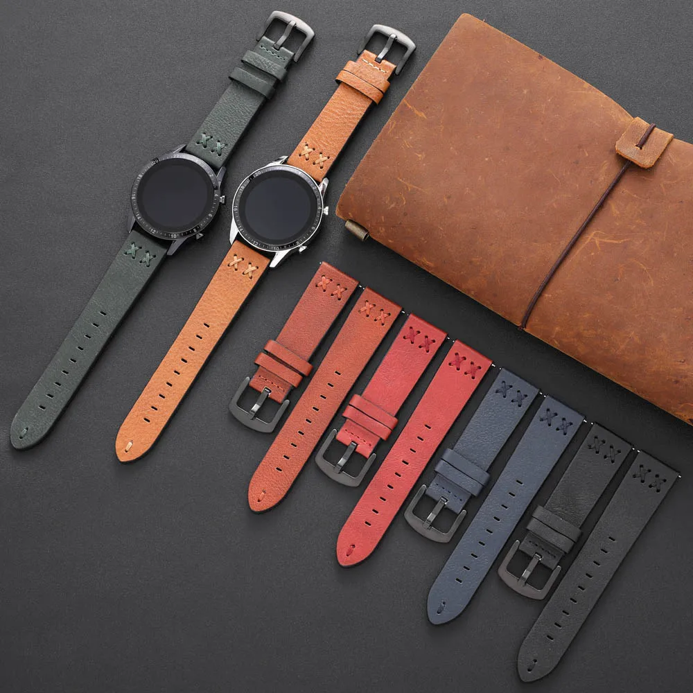 

Leather Watch Strap 20mm 22mm For XiaoMi HuaWei GT2 3 PRO Luxurious Handmade Stitching Wrist Watch Band High Quality