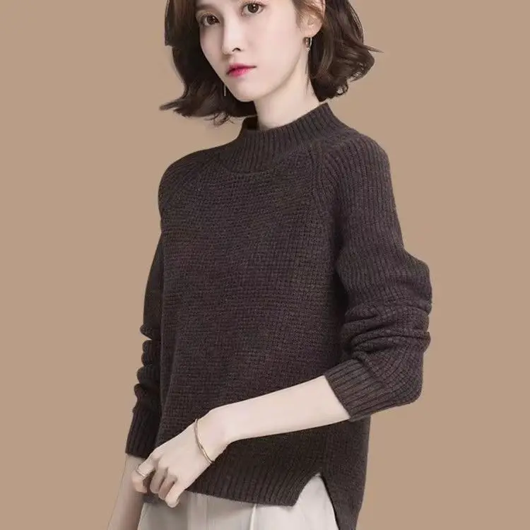

Basic Mock Neck Sweaters for Women Autumn Coffee Knitted Pullover Top Candy Colors Winter Warm Soft O Neck Women's Baggy Jumper