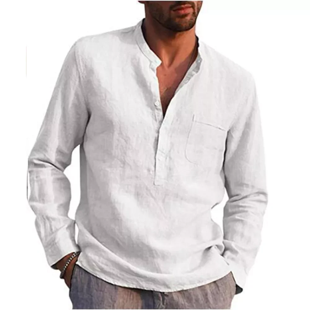 

100% Cotton Linen Hot Sale Men's Long-Sleeved Shirts Summer Solid Color Stand-Up Collar Casual Beach Style Plus Size