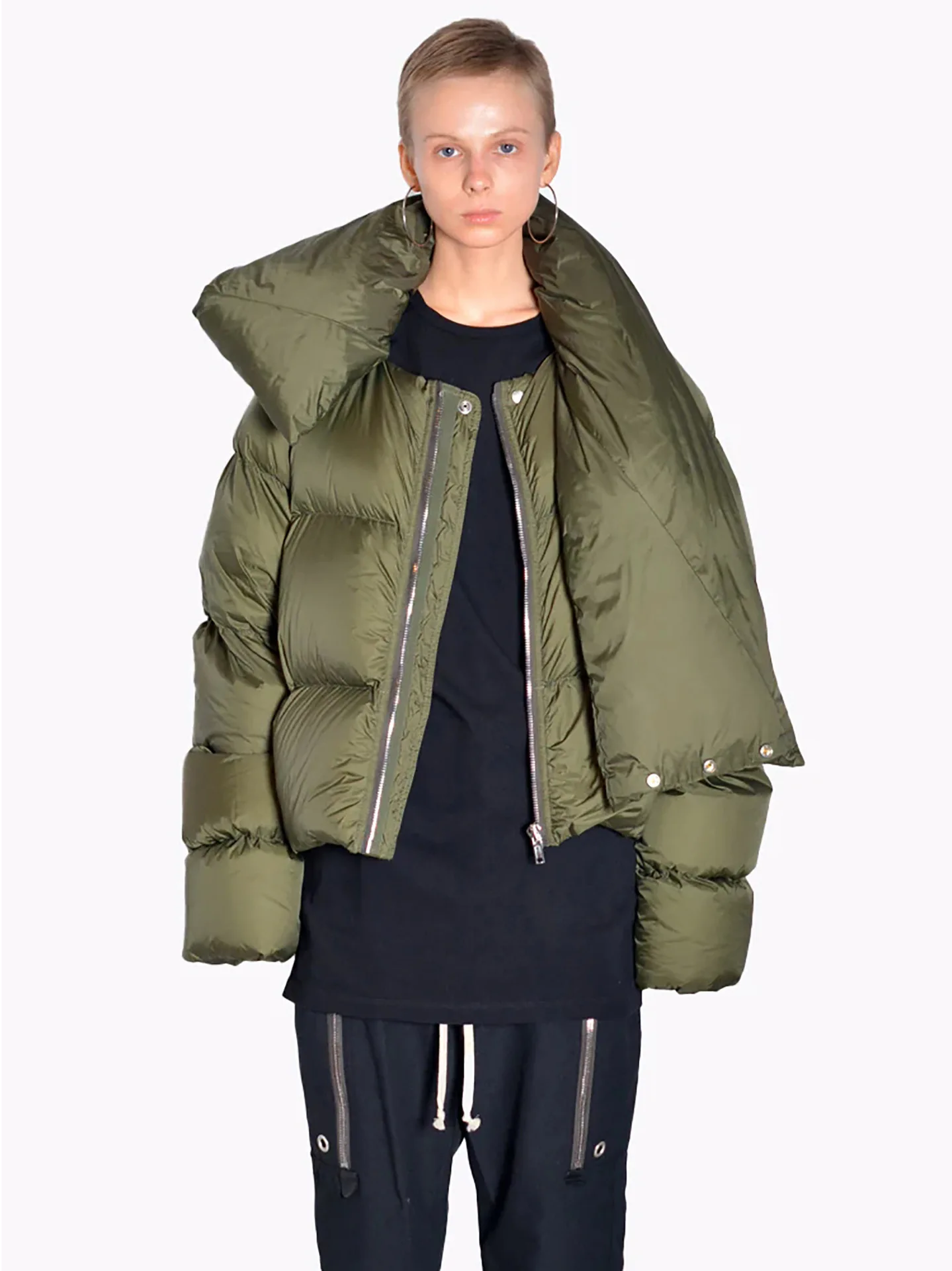 Women's Winter New American Street Fashion Personality High Neck Scarf Splice Design Cotton Shirt Zipper Coat