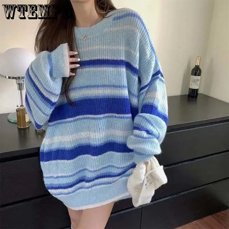 

Loose Blue Striped Sweater Women's Jumper Outerwear Long Sleeve Round Neck Pullover Autumn and Winter Contrasting Top Wholesale