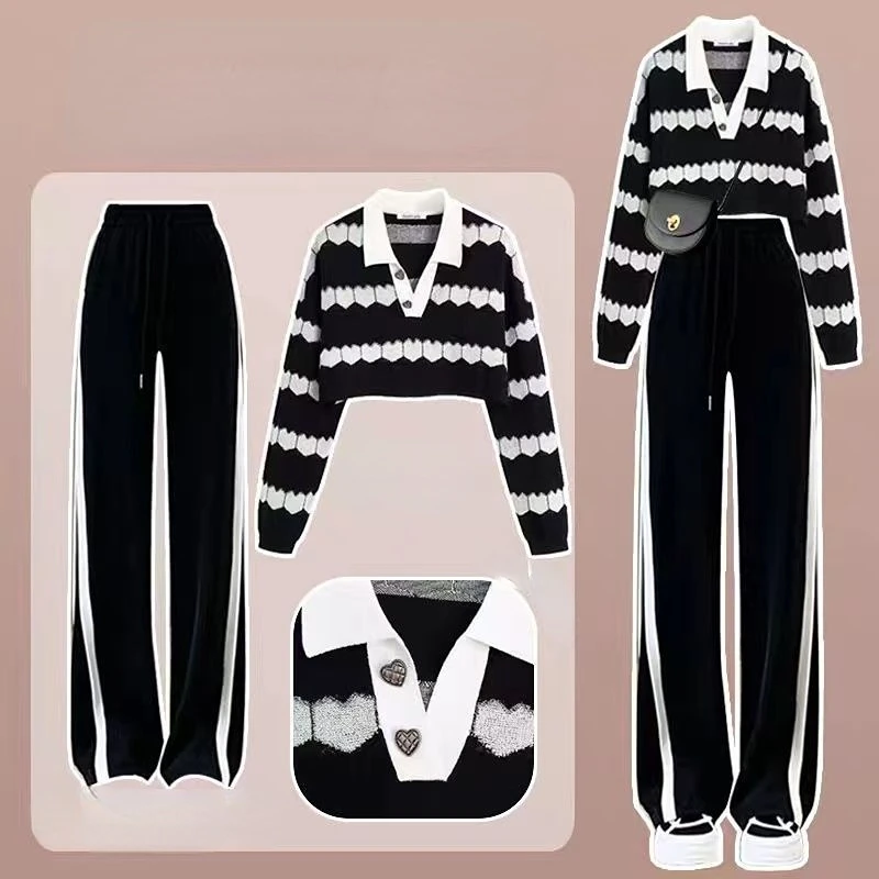 

2023 Spring Gentle Korean System Hong Kong Style Lively Ageing Knitted Tops and Pants Two-piece Suit Female Y2K