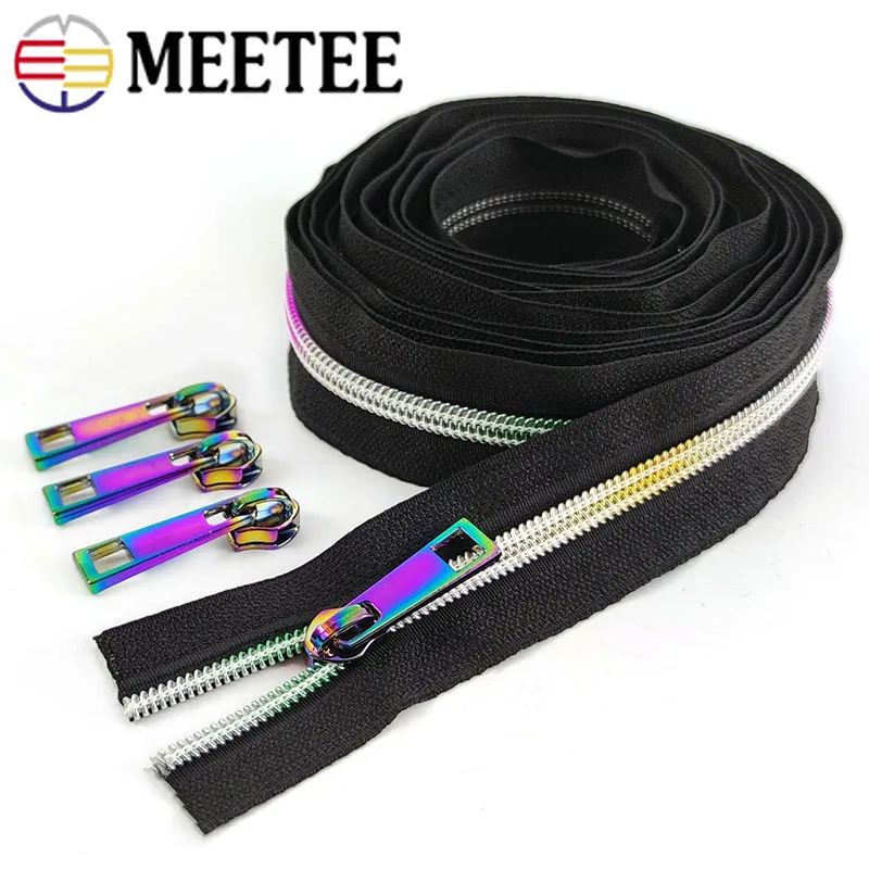 

5Meters 5# Nylon Zippers Tape with Rainbow Zipper Puller Slider Bag Jacket Clothes Decorative Zip Repair Kit Sewing Accessories