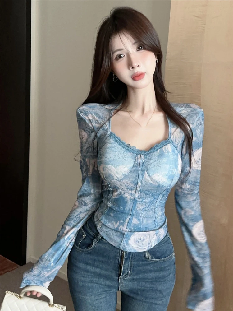 Женский топ с принтом в стиле Харадзюку Кружевной укороченный сексуальная