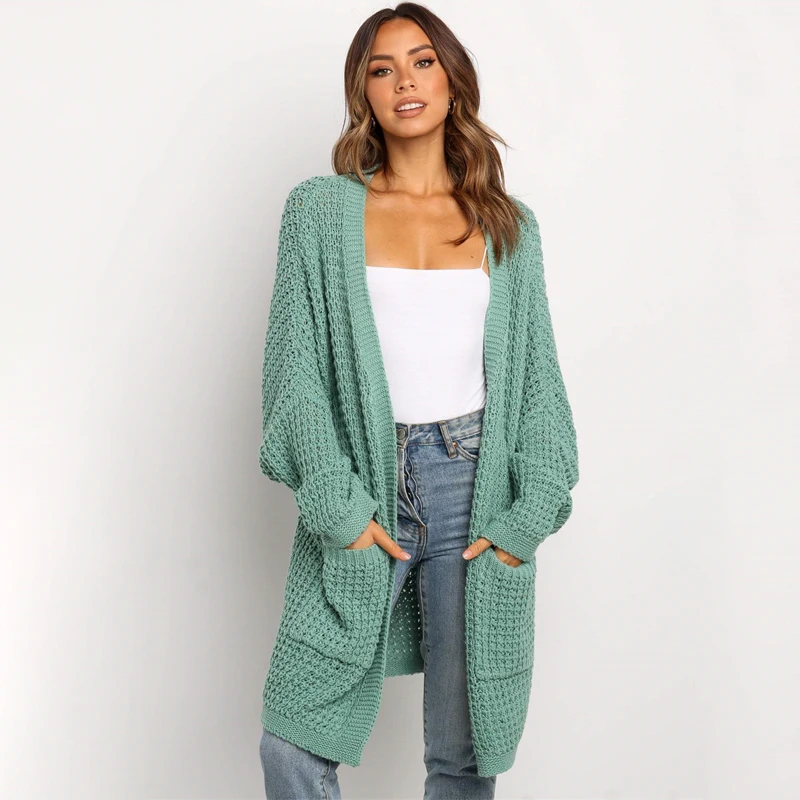 

New Oversized Knit Long Cardigan Women Pocket Slim Solid Color Winter Coat Jacket Women Long Sleeve Sweater Cardigan
