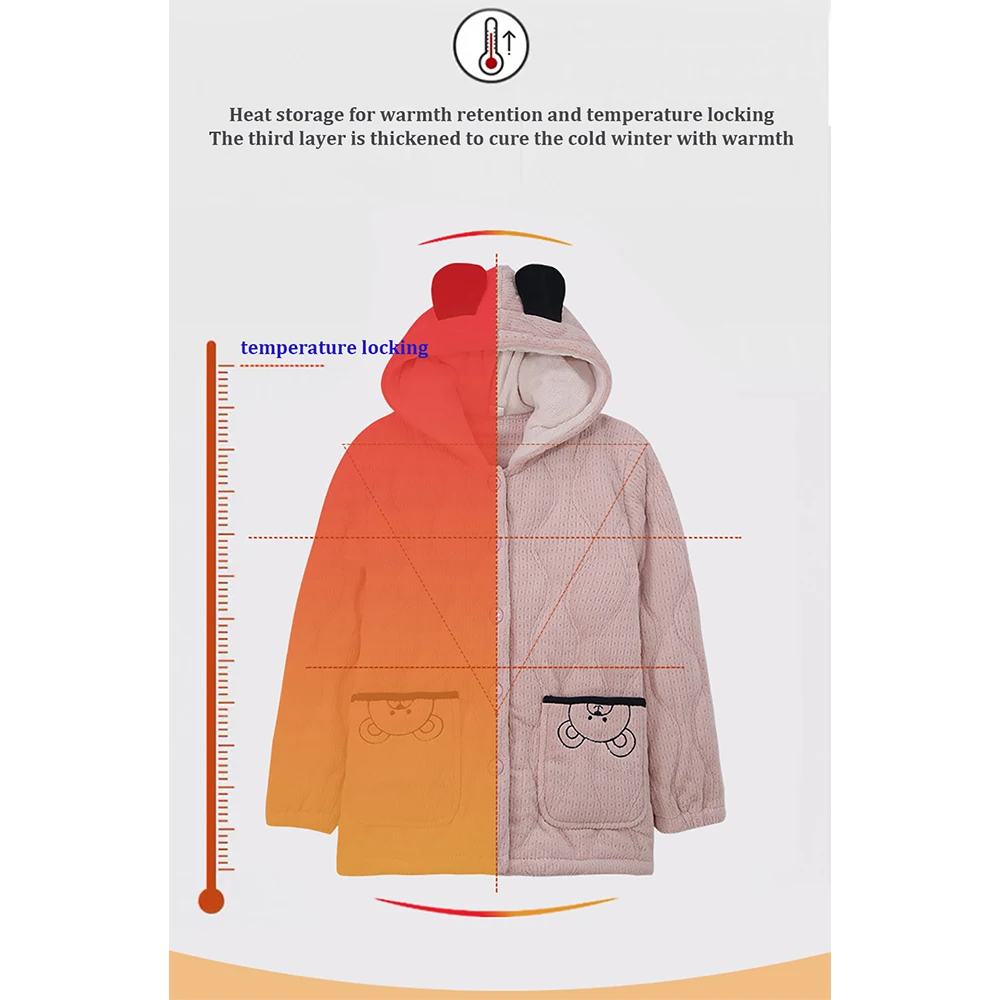 Woman Winter Pajama Sets 3-layer Thicken Flannel Bear Ears Hooded Sleepwear Casual Loose Female Comfortable Patchwork Pijama Set