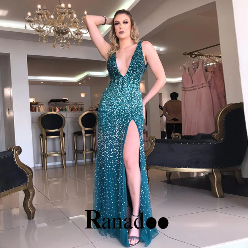 

Sexy Tulle Illusion Slit Evening Dresses Lace Appliques A Line Tank Sleeveless Floor Length Robes De Soirée Personalised