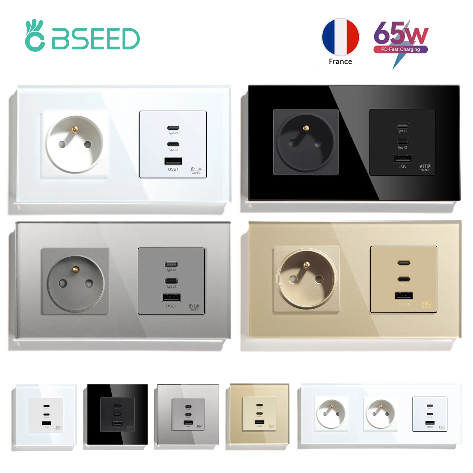 Французская настенная розетка BSEED, 65 Вт, двойные USB-розетки Type-c, порта для сверхбыстрой зарядки, розетки для электропитания, рамки из хрустального стекла (art.: 3920cfd7f61c8) - 3920cfd7f61c8